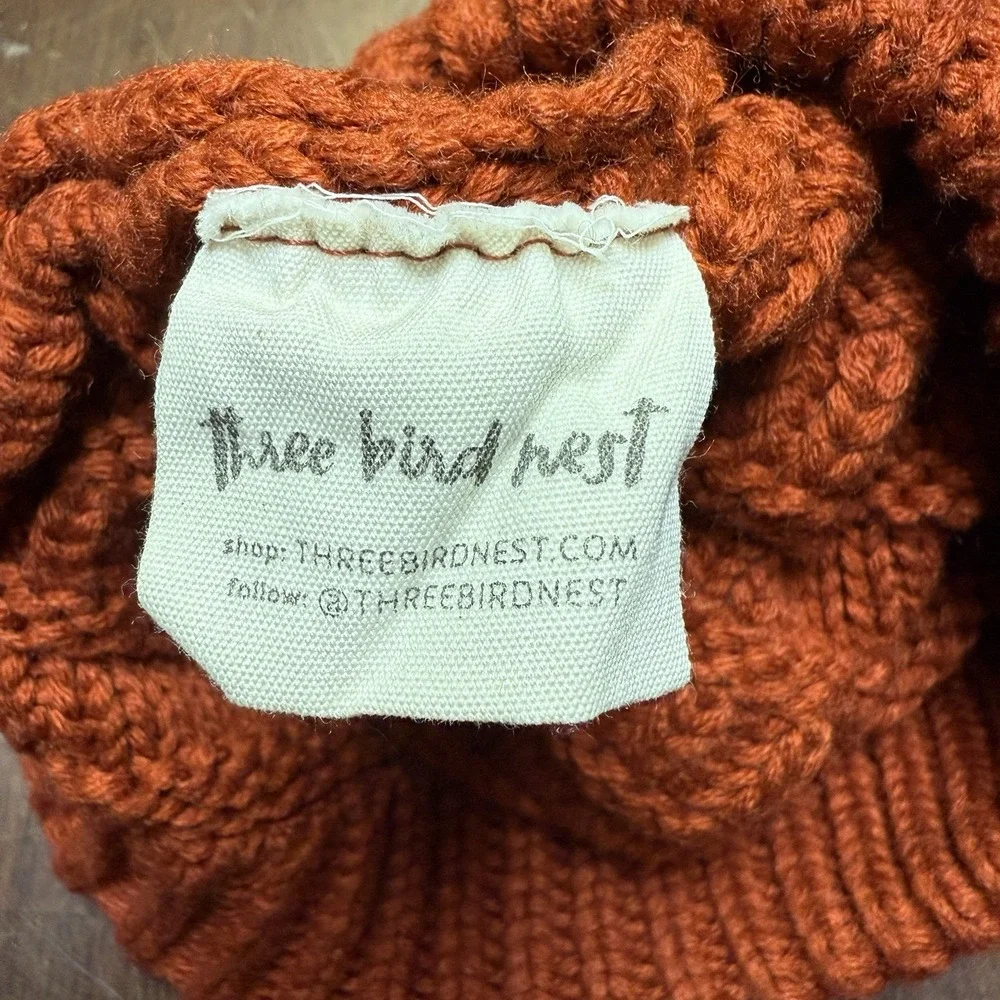 Three Bird Nest Dark Orange Acrylic Knit Winter Patch Hat Ponytail‎